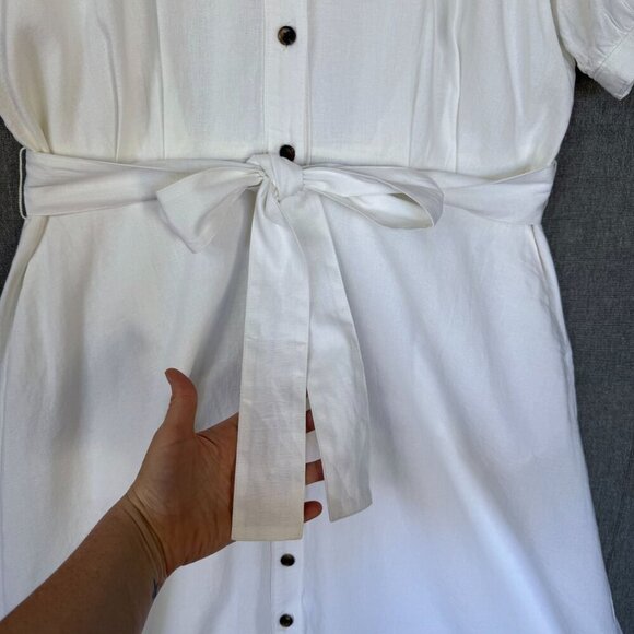 Ann Taylor ivory Linen Blend Short Puff Sleeve Button Front Midi Dress Size 16 - Picture 8 of 17